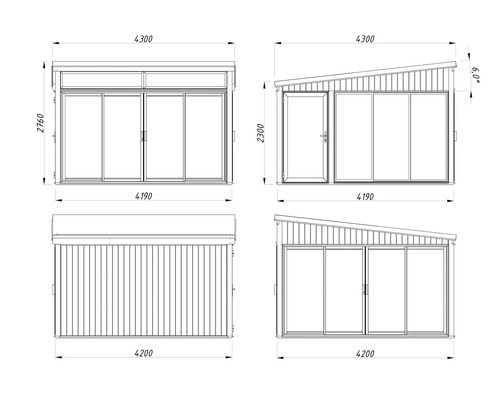 Technische Zeichnung eines Gartenhauses mit Maßen.