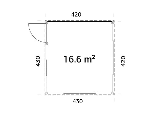 Grundriss mit den Massen 430 mal 420 und einer Fläche von 16.6 Quadratmetern.