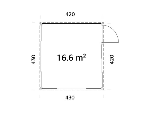 Grundrisszeichnung mit einer Fläche von 16,6 Quadratmetern und den Maßen 430 mal 420 Zentimeter