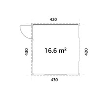 Grundriss eines Gartenhauses mit einer Fläche von 16,6 Quadratmetern