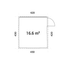 Grundriss mit den Maßen 430 mal 430 und 420 mal 420 Zentimeter, Fläche 16,6 Quadratmeter