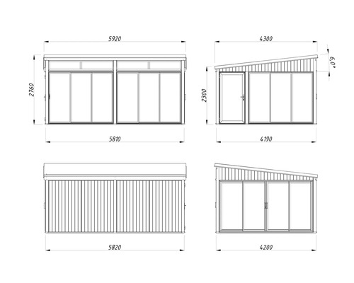 Technische Zeichnung eines Gartenhauses mit Maßangaben.