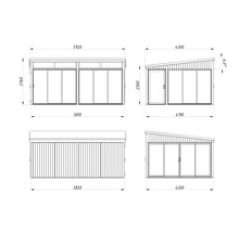 Technische Zeichnung eines Gartenhauses mit Maßangaben