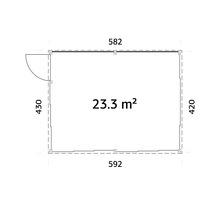 Grundriss eines Gartenhauses mit Maßangaben und einer Fläche von 23,3 Quadratmetern