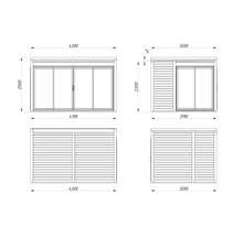 Technische Zeichnung eines Gartenhauses mit Schiebetür und den Maßen 4200 x 2500 x 3200 x 2330 Millimeter.
