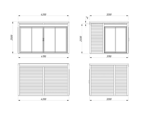 Technische Zeichnung eines Gartenhauses mit Schiebetür und Maßangaben.