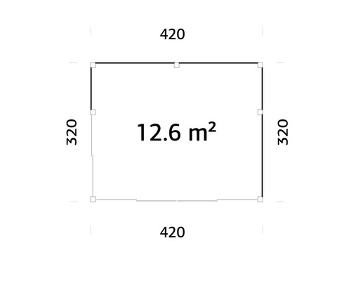 Grundriss mit Abmessungen 420 mal 320 und 12,6 Quadratmeter Fläche