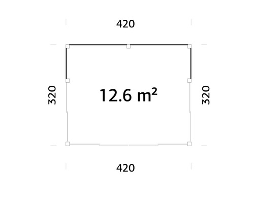 Grundriss mit den Maßen 420 mal 320 und 12,6 Quadratmeter Fläche