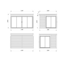 Technische Zeichnung eines Gartenhauses mit Maßangaben