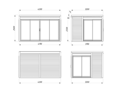 Technische Zeichnung einer Gartenhütte mit Schiebetür und Maßangaben