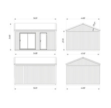 Technische Zeichnung eines Gartenhauses mit Abmessungen
