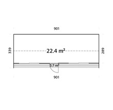 Grundriss eines Gartenhauses mit den Maßen 901 mal 339 Zentimeter, einer Fläche von 22,4 Quadratmetern und einer Tür von 3,7 Quadratmetern.