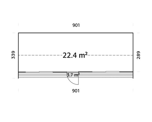 Grundriss eines Gartenhauses mit den Maßen 901 mal 339 Zentimeter, einer Fläche von 22,4 Quadratmetern und einer Tür von 3,7 Quadratmetern.