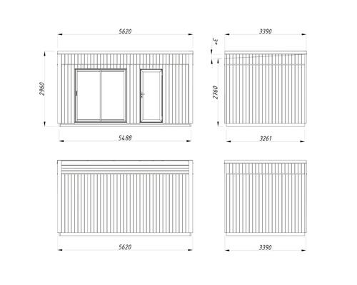 Technische Zeichnung eines Gartenhauses mit Maßangaben
