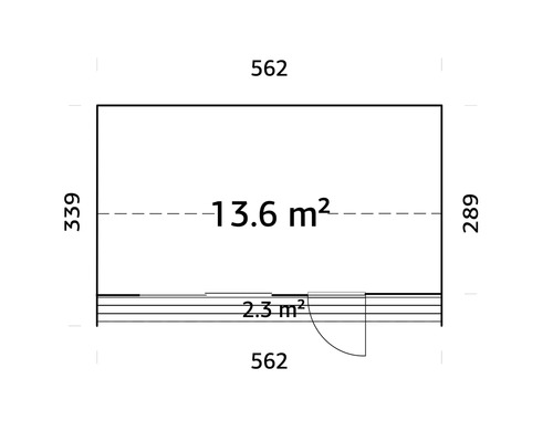 Grundrisszeichnung eines Gartenhauses mit Maßangaben