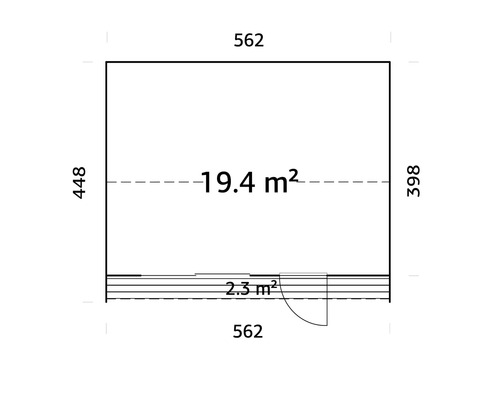 Grundriss eines Gartenhauses mit den Maßen 562 x 448 cm und einer Fläche von 19.4 Quadratmetern