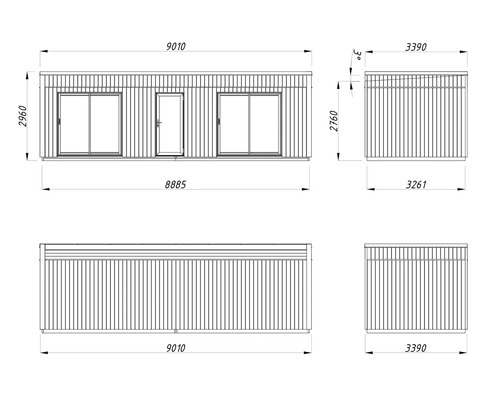 Technische Zeichnung eines Containerhauses mit Maßangaben