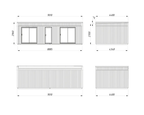 Technische Zeichnung eines Gartenhauses mit Maßangaben