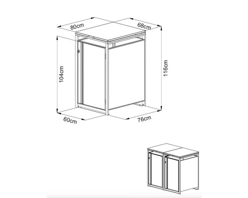Zeichnung eines Badschranks mit den Maßen 80x68x116 Zentimeter