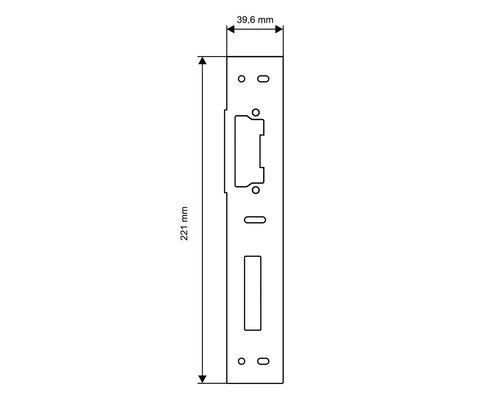 Technische Zeichnung eines Schliessblechs mit den Massen 221 mm Länge und 39,6 mm Breite
