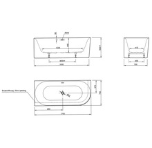 Technische Zeichnung einer Badewanne mit Maßangaben
