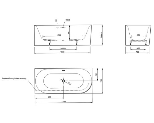 Technische Zeichnung einer Badewanne mit Maßangaben