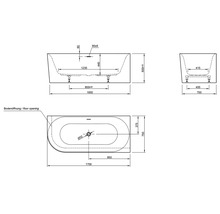 Technische Zeichnung einer Badewanne mit Maßen