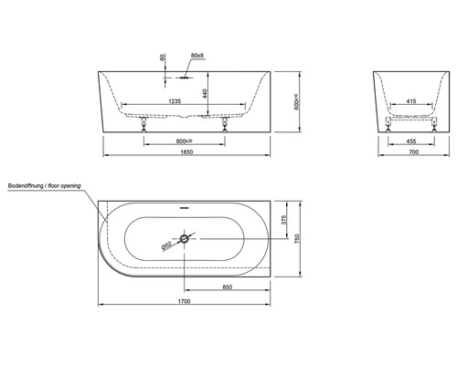 Technische Zeichnung einer Badewanne mit Maßen