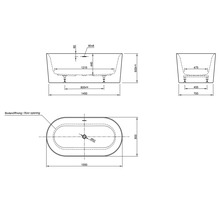 Technische Zeichnung einer Badewanne mit Maßangaben