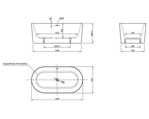 Technische Zeichnung einer Badewanne mit Maßangaben
