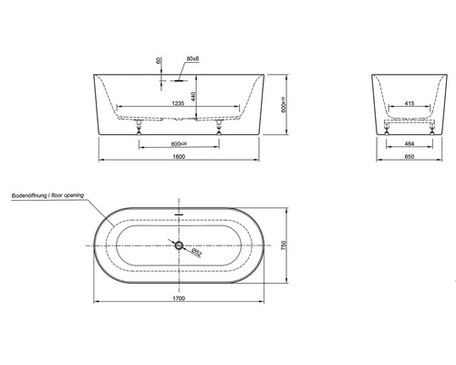 Technische Zeichnung einer Badewanne mit Maßangaben