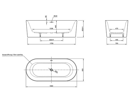 Technische Zeichnung einer Badewanne mit Maßangaben