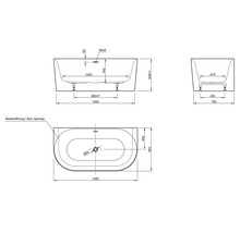Technische Zeichnung einer Badewanne mit Maßangaben