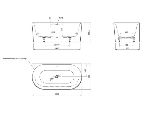 Technische Zeichnung einer Badewanne mit Maßangaben