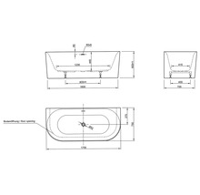 Technische Zeichnung einer Badewanne mit Maßangaben