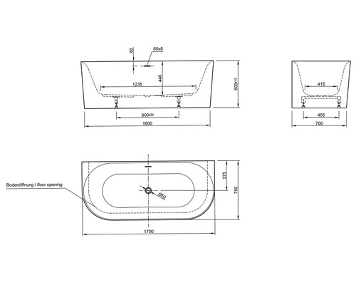Technische Zeichnung einer Badewanne mit Maßangaben
