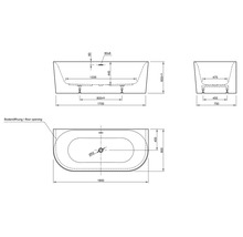 Technische Zeichnung einer Badewanne mit Maßangaben.