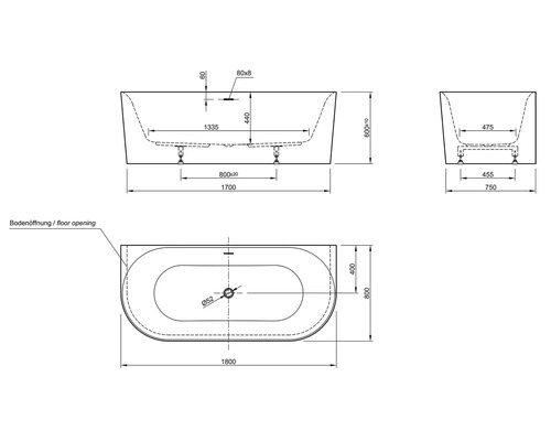 Technische Zeichnung einer Badewanne mit Maßangaben.