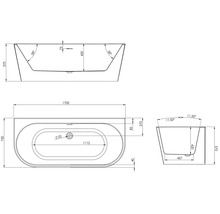 Technische Zeichnung einer Badewanne mit Maßangaben.