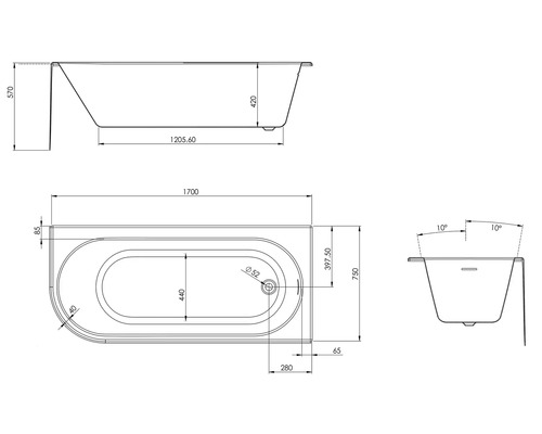 Technische Zeichnung einer Badewanne mit Maßen