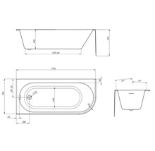Technische Zeichnung einer Badewanne mit Maßangaben