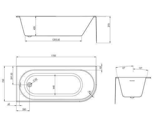 Technische Zeichnung einer Badewanne mit Maßangaben