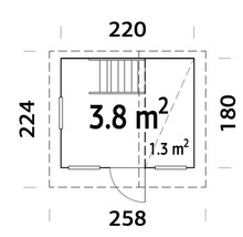 Grundriss eines Gartenhauses mit Maßangaben der Außenwände und des Innenbereichs