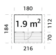 Grundrisszeichnung eines Gartenhauses mit den Maßen 180 mal 216 mal 184 mal 112 Zentimeter und einer Fläche von 1,9 Quadratmetern
