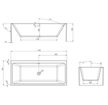 Technische Zeichnung einer Badewanne mit Maßangaben
