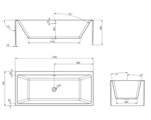 Technische Zeichnung einer Badewanne mit Maßangaben