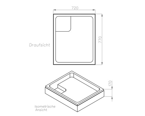 Technische Zeichnung einer Duschwanne mit den Maßen 720 mal 770 Millimeter in der Draufsicht und der isometrischen Ansicht.