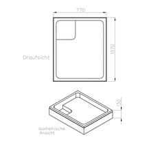 Technische Zeichnung einer Duschwanne mit Maßangaben in Millimeter