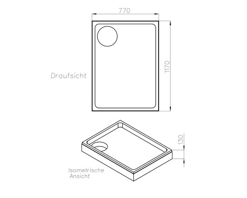 Technische Zeichnung einer Duschwanne mit Maßen 770 x 1170 x 130 mm