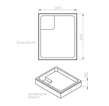 Technische Zeichnung einer Duschwanne mit Maßen 870 x 970 x 130 mm